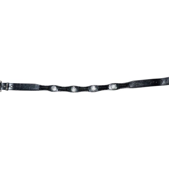 Vtg Black Western Leather Tooled Concho Belt Braided Lace Detail Unisex Sz 34